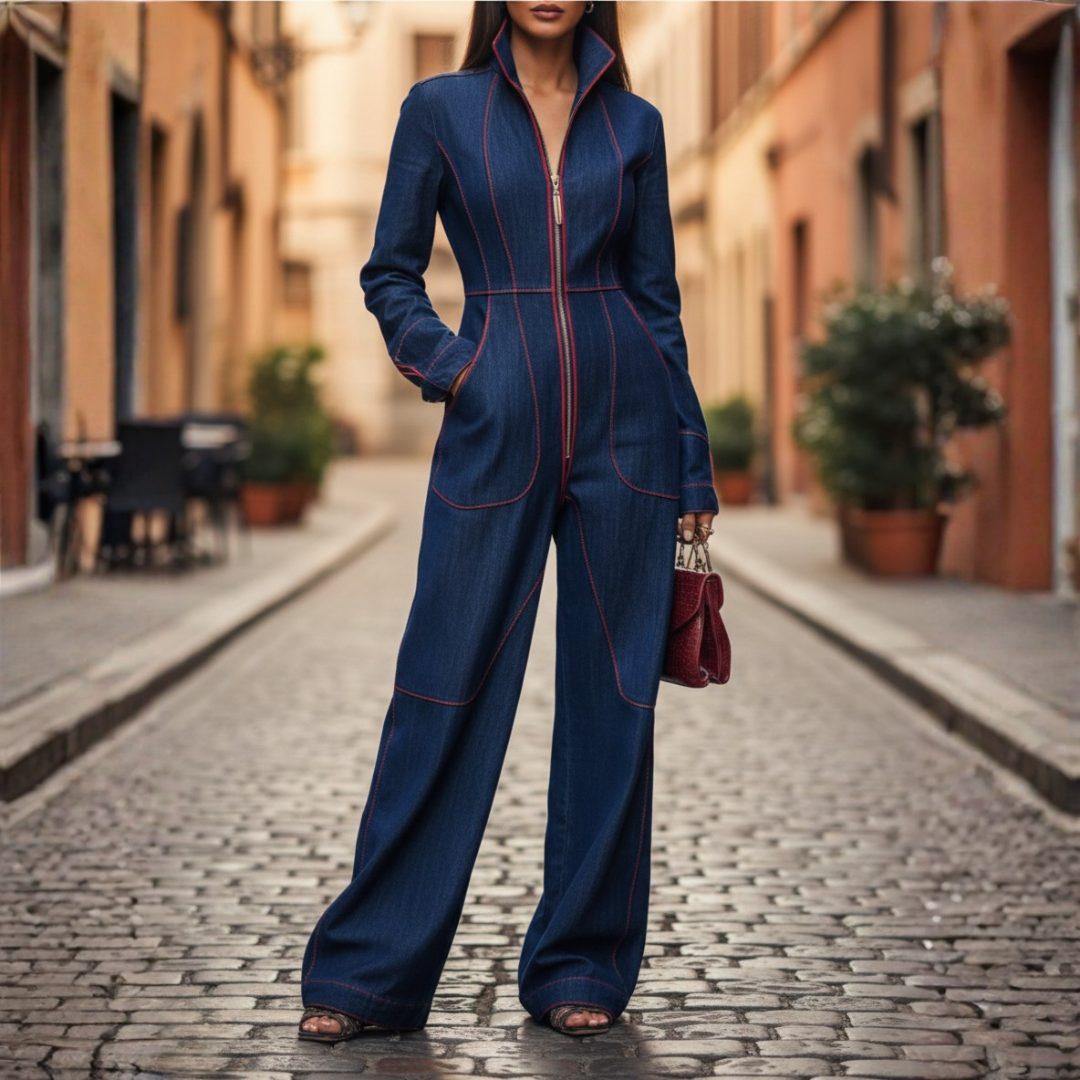 Marnie | Jeans-Jumpsuit mit weitem Bein und langen Ärmeln für Damen
