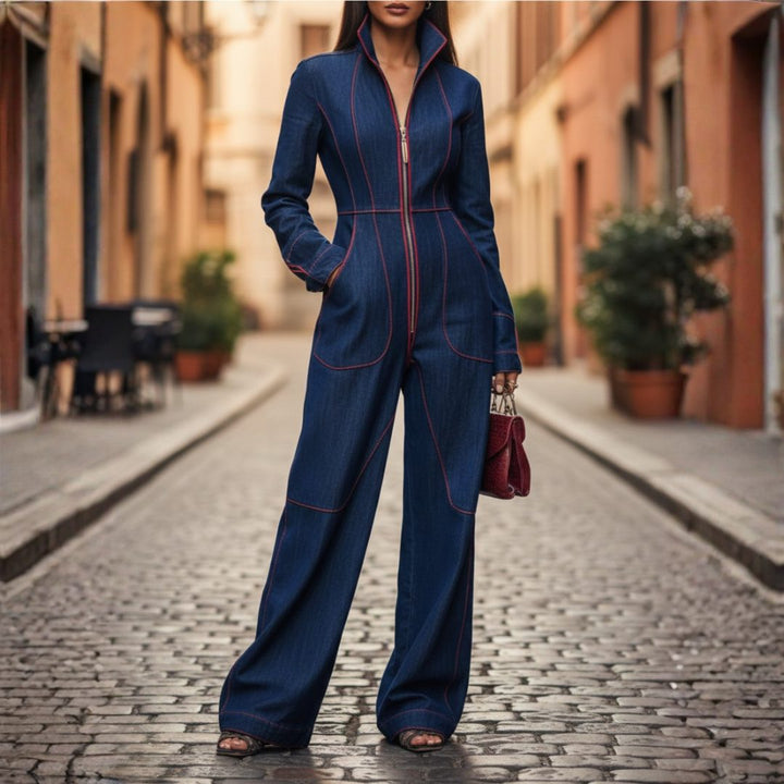 Marnie | Jeans-Jumpsuit mit weitem Bein und langen Ärmeln für Damen