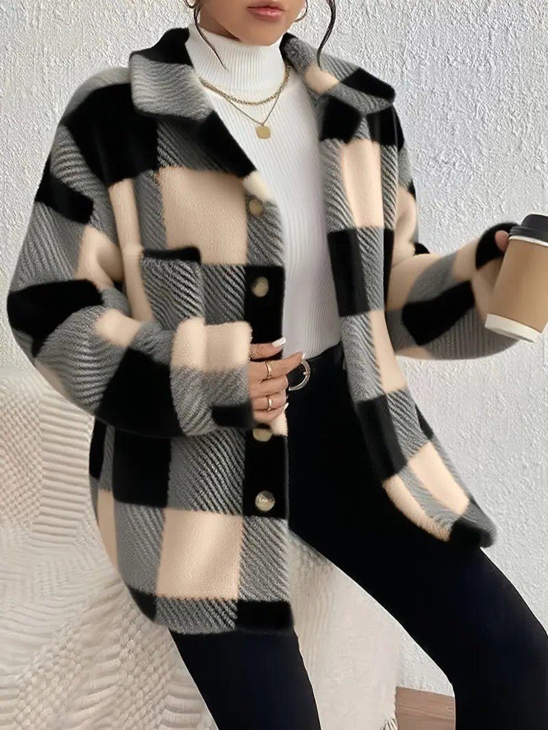 Maurelle | Karierte Oversized-Jacke aus weichem Flausch mit Knopfleiste für Damen