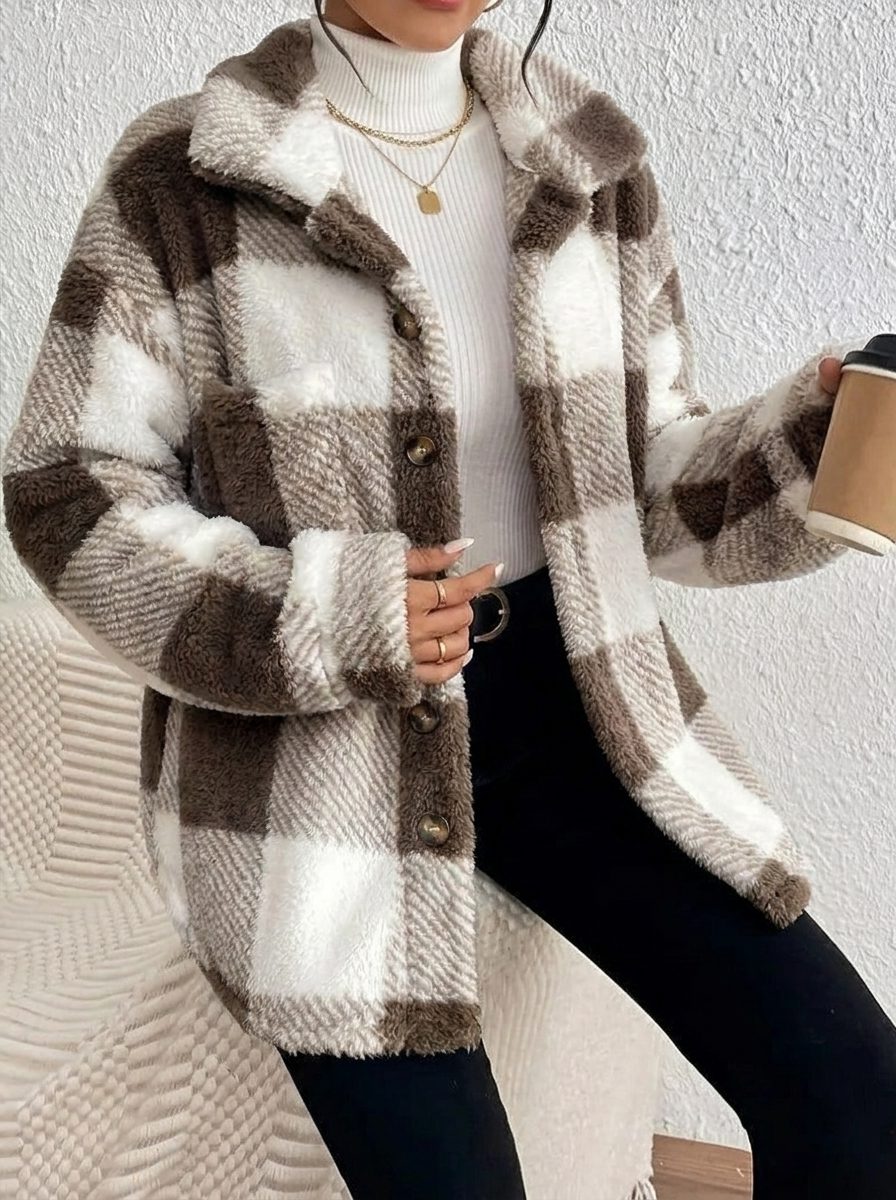 Maurelle | Karierte Oversized-Jacke aus weichem Flausch mit Knopfleiste für Damen