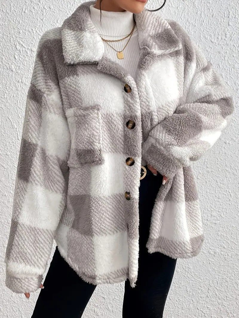 Maurelle | Karierte Oversized-Jacke aus weichem Flausch mit Knopfleiste für Damen