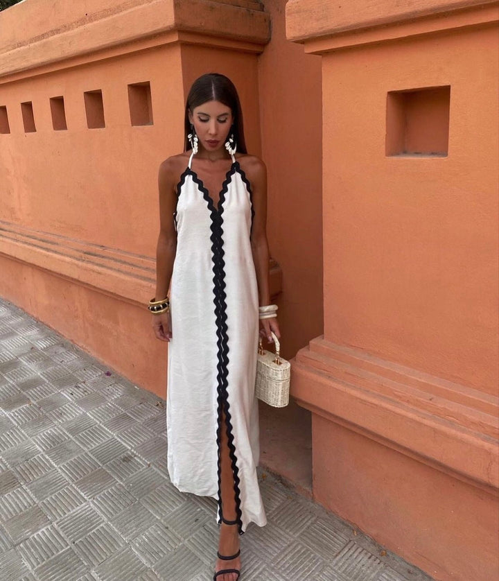 Victoria | Damen-Neckholder-Maxikleid mit V-Ausschnitt und Kontrastborte für Hochzeitsgäste
