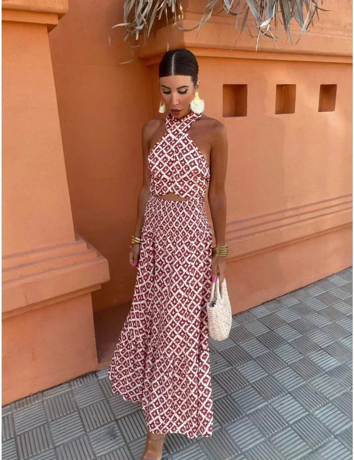 Cleo | Damen-Neckholder-Midikleid mit Cut-out und geometrischem Muster für Hochzeitsgäste