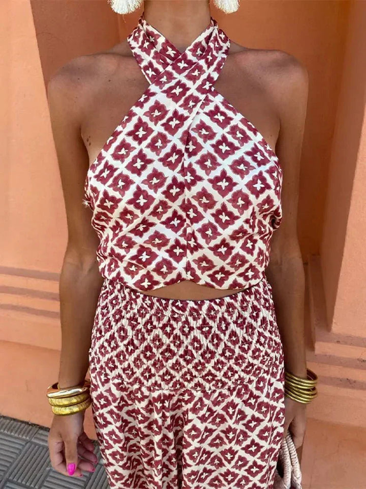 Cleo | Damen-Neckholder-Midikleid mit Cut-out und geometrischem Muster für Hochzeitsgäste