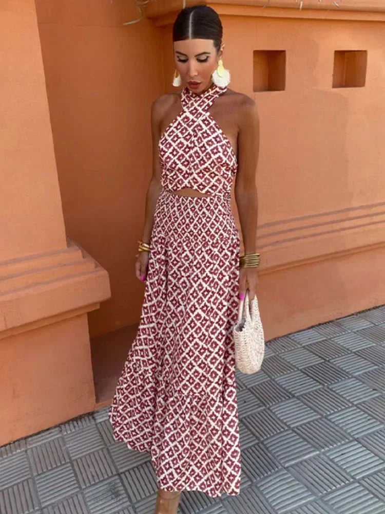 Cleo | Damen-Neckholder-Midikleid mit Cut-out und geometrischem Muster für Hochzeitsgäste