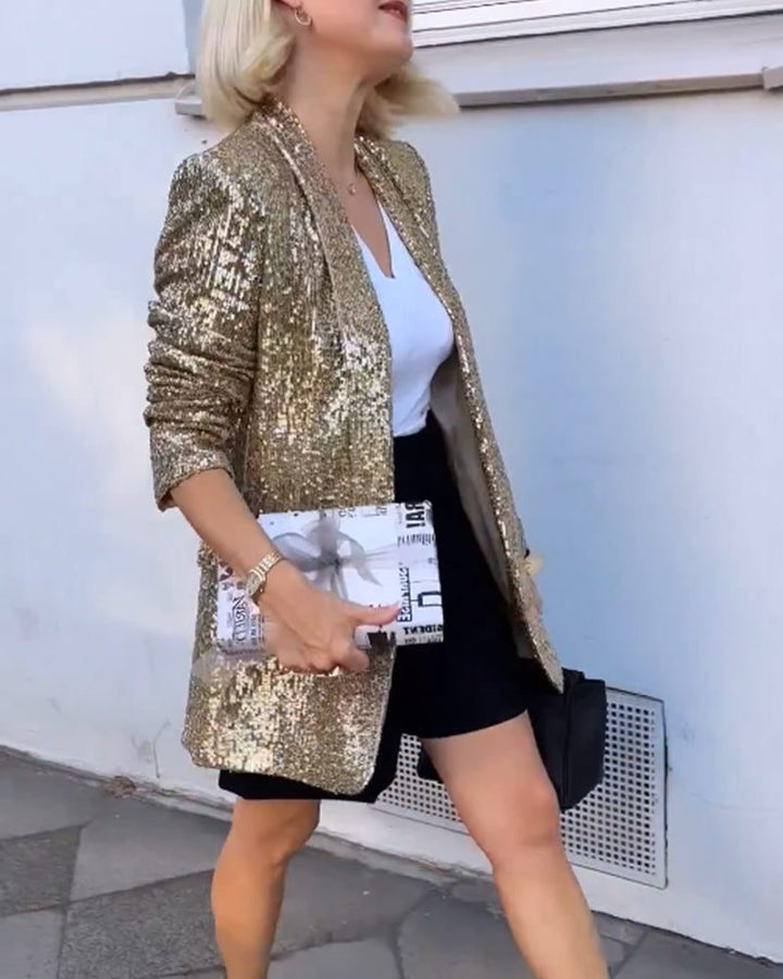 Myla | Langer Paillettenblazer mit offener Front für Damen