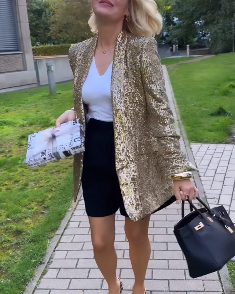 Myla | Langer Paillettenblazer mit offener Front für Damen