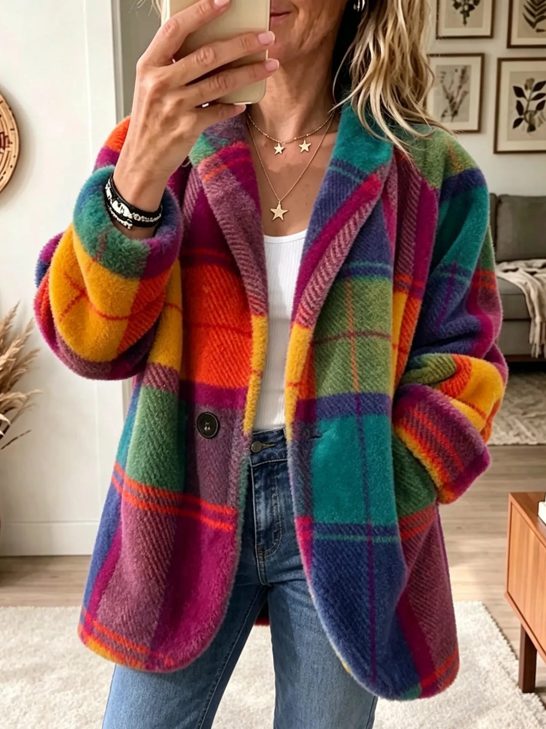 Rhonwen | Karierter langer Cardigan-Blazer mit Knopfleiste für Damen