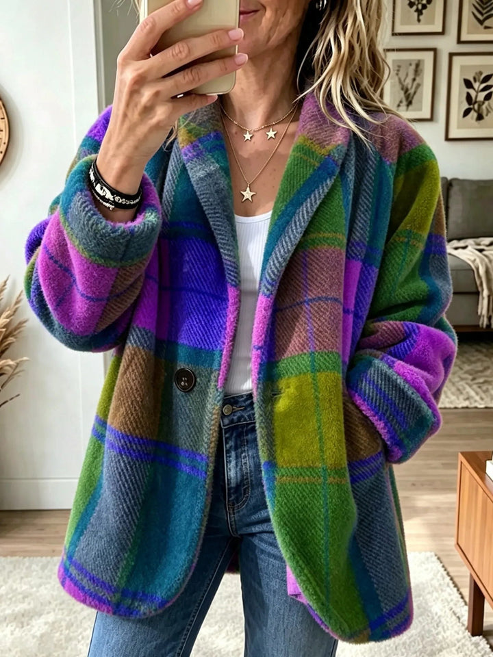 Rhonwen | Karierter langer Cardigan-Blazer mit Knopfleiste für Damen