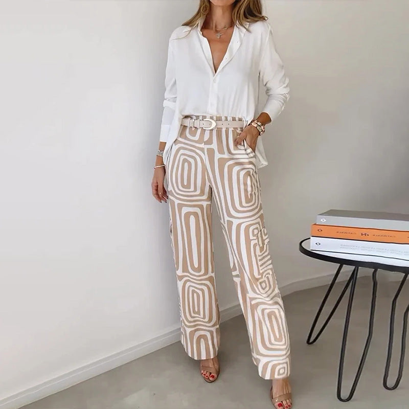 Radegonde | Set mit weisser Bluse und weiter Hose mit geometrischem Muster für Damen