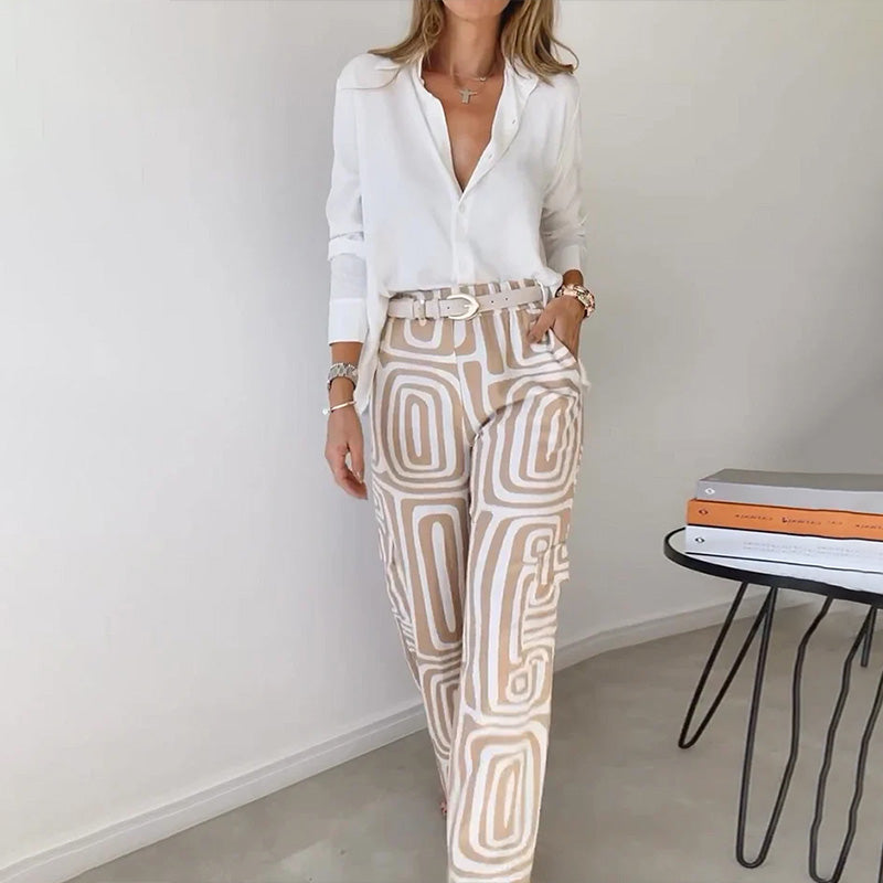 Radegonde | Set mit weisser Bluse und weiter Hose mit geometrischem Muster für Damen