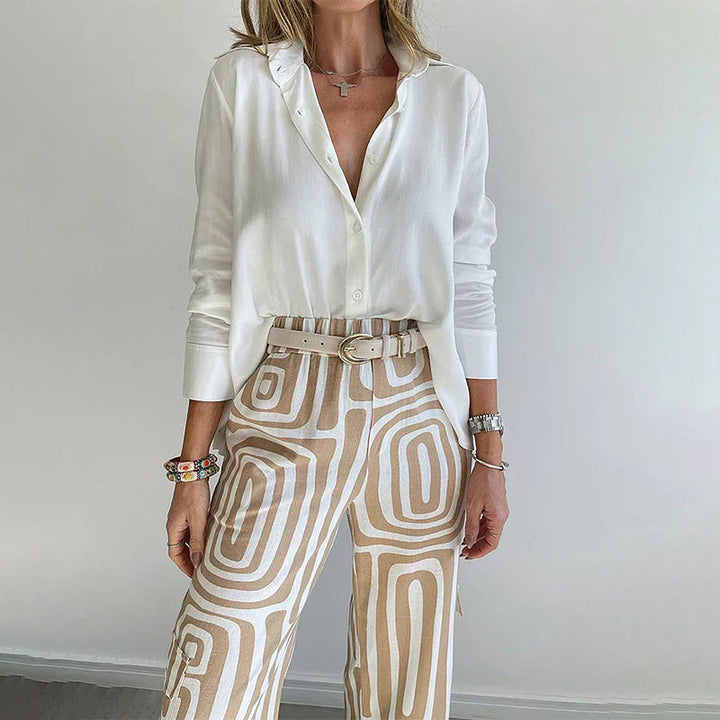 Radegonde | Set mit weisser Bluse und weiter Hose mit geometrischem Muster für Damen