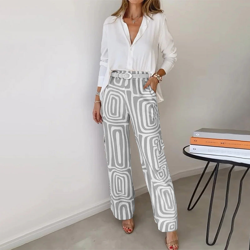 Radegonde | Set mit weisser Bluse und weiter Hose mit geometrischem Muster für Damen