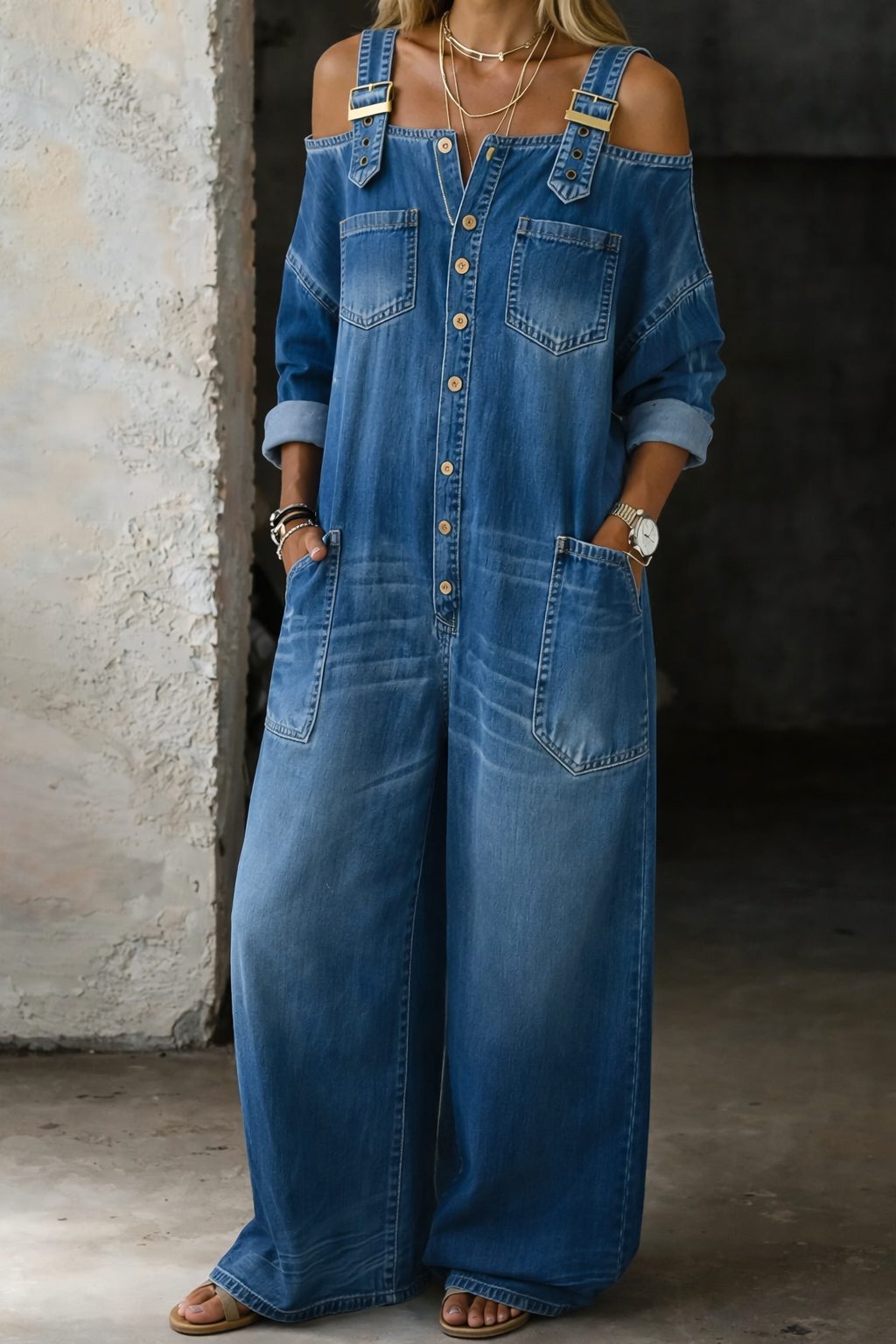 Surya | Lockerer Jeans-Jumpsuit mit weitem Bein und Cold-Shoulder-Design für Damen