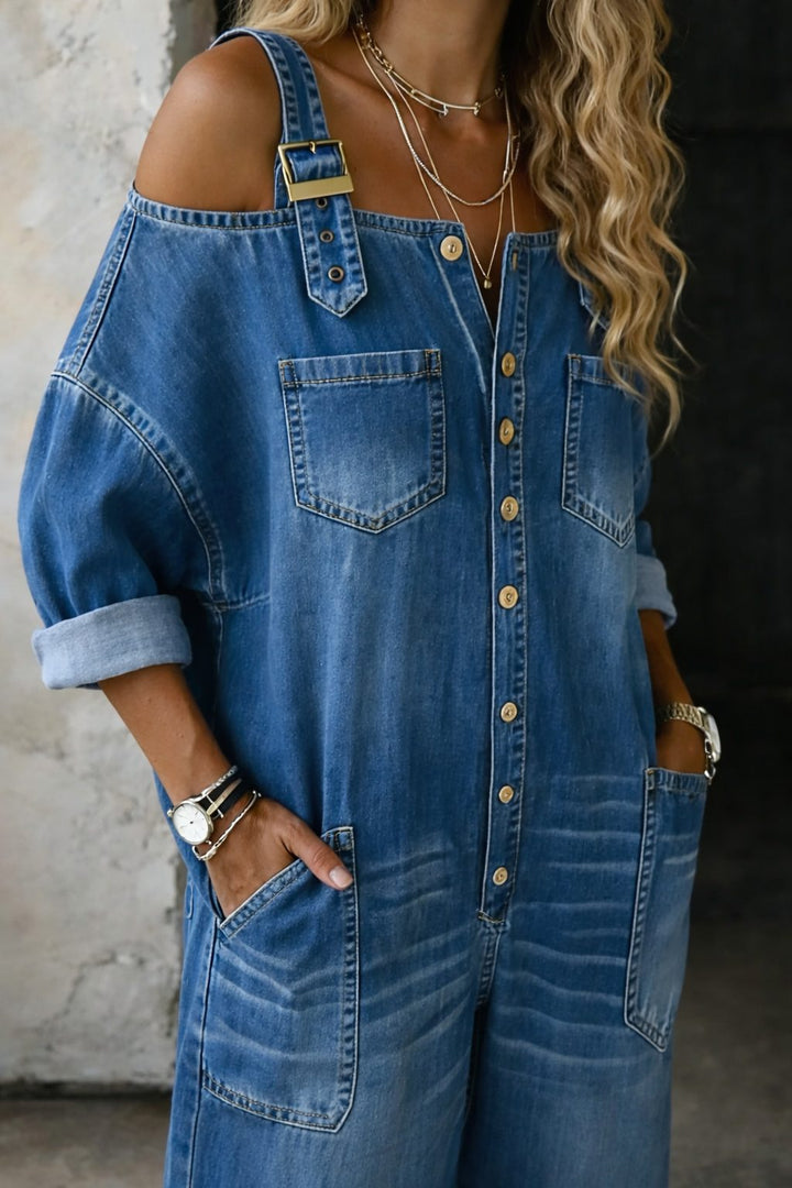 Surya | Lockerer Jeans-Jumpsuit mit weitem Bein und Cold-Shoulder-Design für Damen