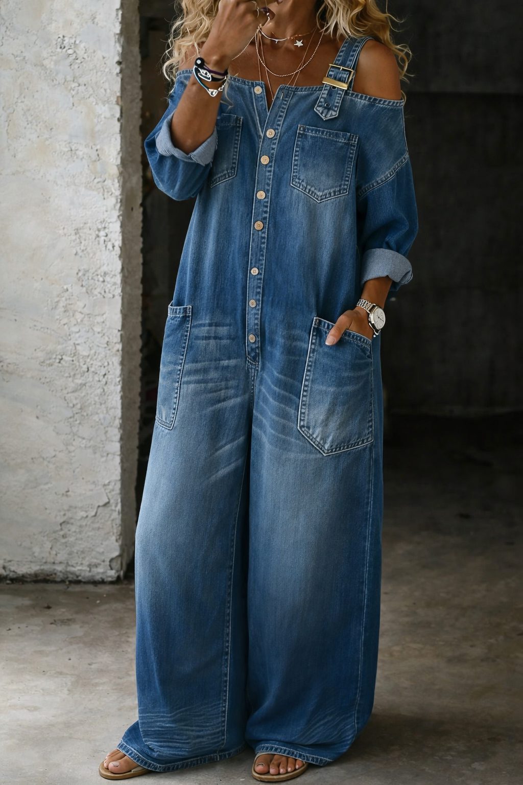 Surya | Lockerer Jeans-Jumpsuit mit weitem Bein und Cold-Shoulder-Design für Damen