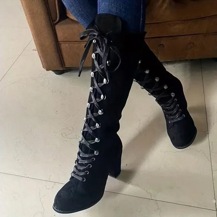 Trinity | Kniehohe Wildleder-Schnürstiefel mit Blockabsatz für Damen