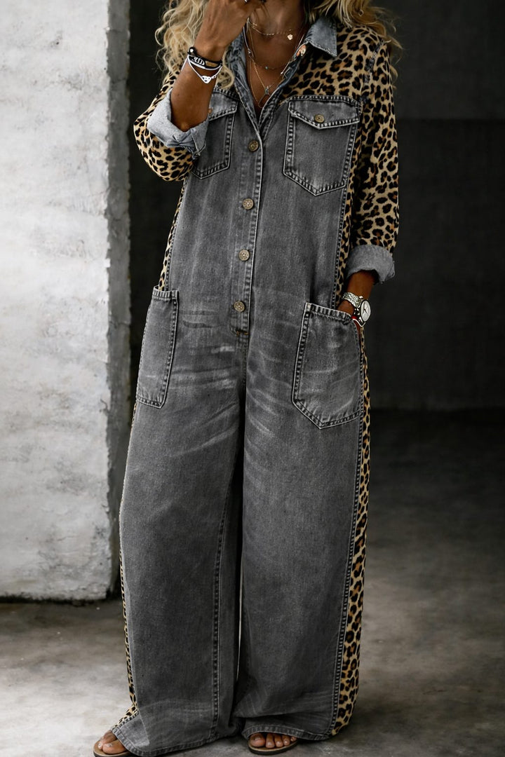 Zara | Jeans-Jumpsuit mit Leopardenärmeln und langen Ärmeln für Damen